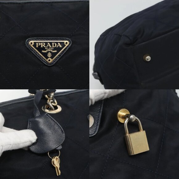 PRADA Chain Shoulder Bag Nylon Navy Gold Auth bs24456
